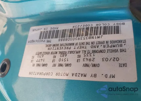 2003 Mazda Mx-5 Miata Cloth/Ls/Se/Shinsen z USA, uszkodzony, nr VIN JM1NB353930308888